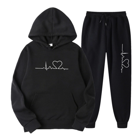 Tuta da Uomo Felpata Con Cappuccio e Pantaloni Sportivi Stampa Grafica Battito Cardiaco Streetwear Hip Hop in Poliestere