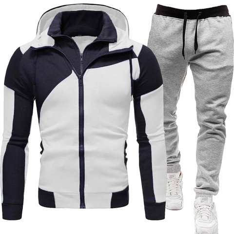Survêtement de Sport Slim Fit pour Hommes en Polyester Bloc de Couleur Veste à Capuche Zippée et Pantalon de Jogging Ensemble Deux Pièces Décontracté Sportif