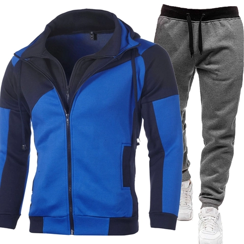 Survêtement de Sport Slim Fit pour Hommes en Polyester Bloc de Couleur Veste à Capuche Zippée et Pantalon de Jogging Ensemble Deux Pièces Décontracté Sportif