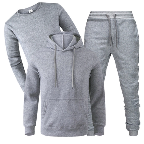 Men Fleece Three-Piece Tracksuit Casual Hoodie Sweatshirt And Sweatpants Jogging Sports Outfit Solid Color Warm Suits