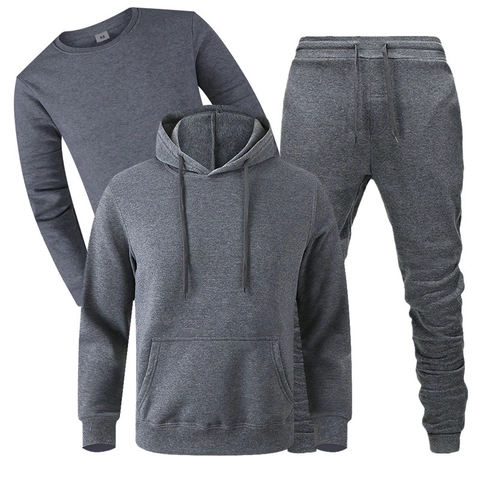 Men Fleece Three-Piece Tracksuit Casual Hoodie Sweatshirt And Sweatpants Jogging Sports Outfit Solid Color Warm Suits