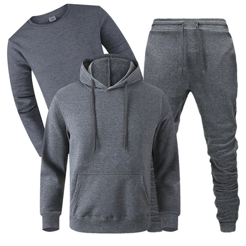 Men Fleece Three-Piece Tracksuit Casual Hoodie Sweatshirt And Sweatpants Jogging Sports Outfit Solid Color Warm Suits