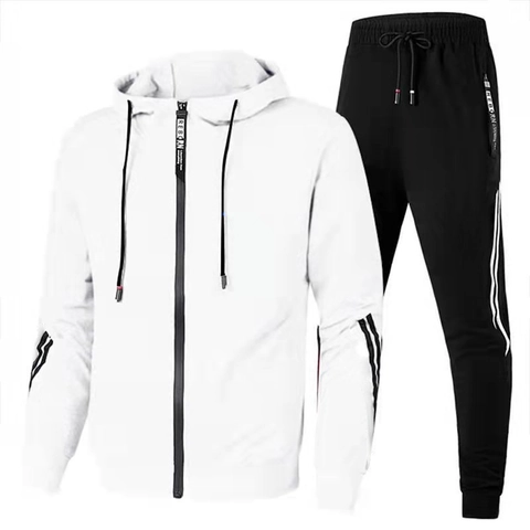 Tuta Sportiva da Uomo in Misto Cotone Foderata in Pile Felpa con Cappuccio e Pantaloni Jogger Strisce a Contrasto Lettere Casual