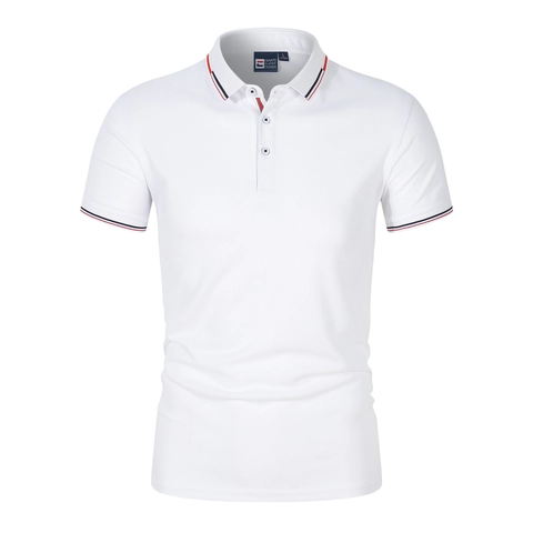 Polo Décontracté à Manches Courtes pour Hommes en Polyester Respirant Couleur Unie Avec Bordure à Rayures Coupe Régulière