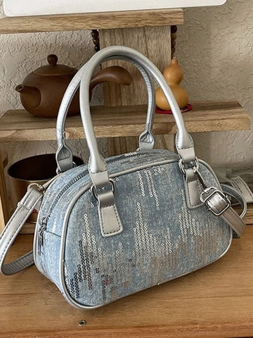 Borsa Quadrata Piccola in Denim con Paillettes da Donna Borsa a Tracolla Vintage Boston con Tracolla Regolabile per Festa