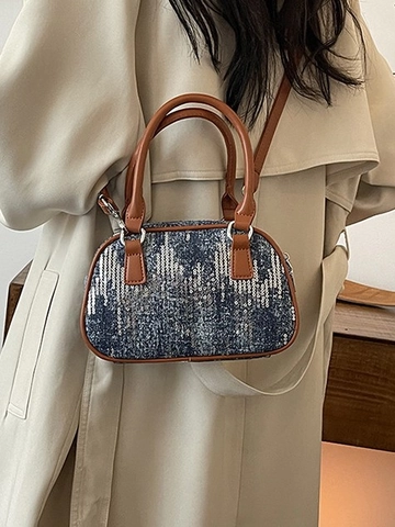 Borsa Quadrata Piccola in Denim con Paillettes da Donna Borsa a Tracolla Vintage Boston con Tracolla Regolabile per Festa
