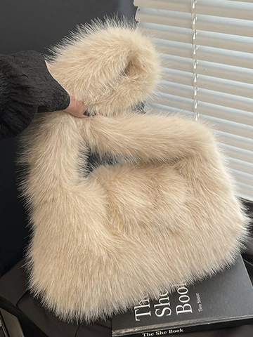 Women Faux Fur Plush Tote Bag Winter Large Capacity Shoulder Bag Soft Warm Handbag Korean Style Simple Solid Color Bag