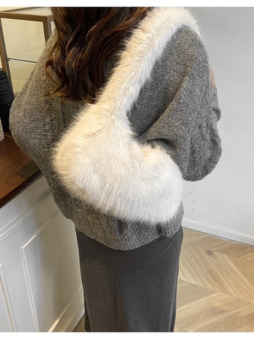 Women Faux Fur Plush Tote Bag Winter Large Capacity Shoulder Bag Soft Warm Handbag Korean Style Simple Solid Color Bag