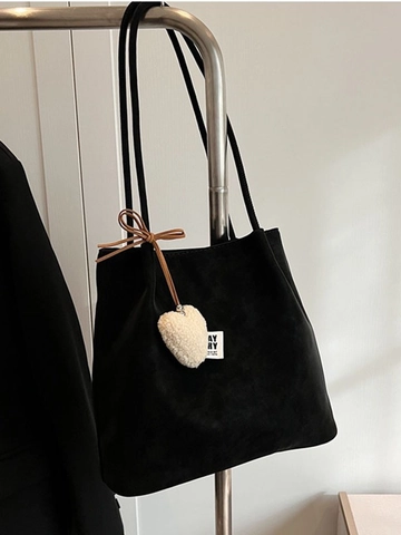 Borsa a Secchiello in Camoscio Vintage per Donna Borsa a Tracolla di Grande Capacità Con Ciondolo a Cuore Peluche Borsa Tote