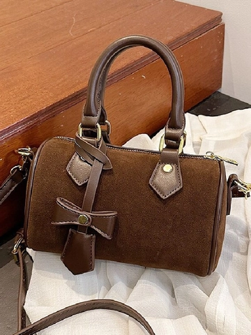 Women Vintage Suede Mini Boston Bag Bow Decoration Shoulder Crossbody Bag Fashion Trendy Small Pillow Handbag Purse