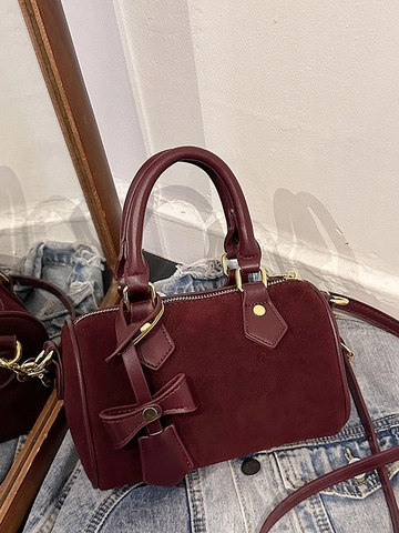 Women Vintage Suede Mini Boston Bag Bow Decoration Shoulder Crossbody Bag Fashion Trendy Small Pillow Handbag Purse