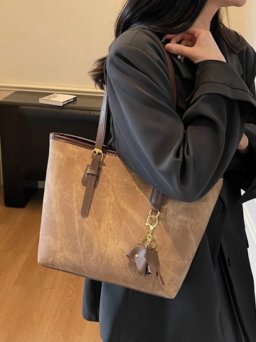 Large Capacity Women Tote Bag Vintage Marble Texture PU Leather Shoulder Bag Elephant Charm Fashion Commuter Handbag