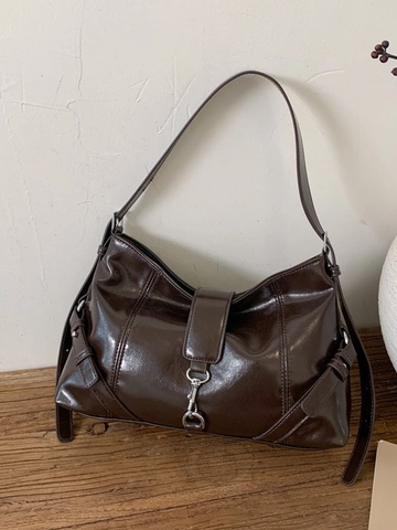 Damen Retro PU Leder Tragetasche Große Kapazität Glänzende Umhängetasche Plissierte Crossbody Bag Pendler Handtasche