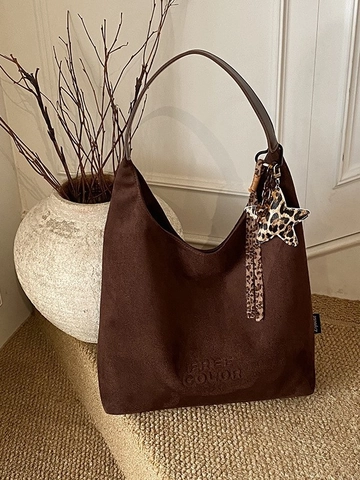 Women Large Capacity Suede Hobo Bag Vintage Suede Shoulder Bag With Leopard Star Charm Winter Fashion Solid Color Tote Bag