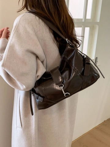 Damen Retro PU Leder Tragetasche Große Kapazität Glänzende Umhängetasche Plissierte Crossbody Bag Pendler Handtasche