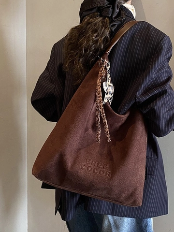 Women Large Capacity Suede Hobo Bag Vintage Suede Shoulder Bag With Leopard Star Charm Winter Fashion Solid Color Tote Bag