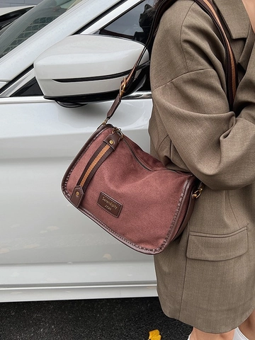 Borsa a Tracolla da Donna in Pelle Scamosciata Vintage Retrò Satinata Piccola Borsa Quadrata Con Tracolla Larga a Righe