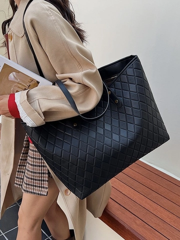 Fashion Vintage Rhombus Quilted PU Leather Tote Bag For Women Large Capacity Minimalist Shoulder Underarm Bag Casual Commuter Handbag