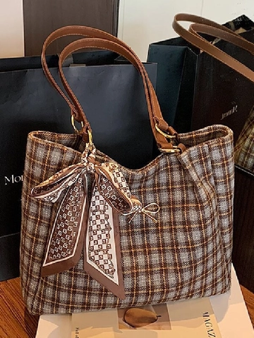 Women's Vintage Plaid PU Tote Bag With Elegant Bow Metallic Decor And Printed Scarf Large Capacity Shoulder Handbag