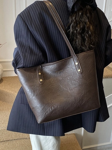Women Large Capacity PU Leather Tote Bag Retro Minimalist Shoulder Bag Solid Color Commuting Handbag With Gold Rivets