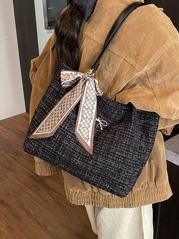Women's Vintage Plaid PU Tote Bag With Elegant Bow Metallic Decor And Printed Scarf Large Capacity Shoulder Handbag