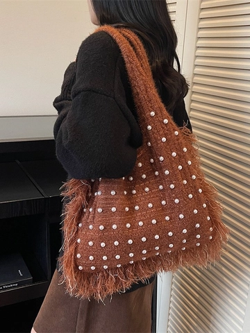 Bolso Tote de Punto para Mujer Con Adornos de Perlas Artificiales Bolso de Hombro de Gran Capacidad Con Borlas Bolso Casual Vintage