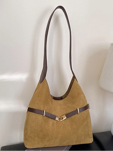 Vintage Suede Tote Bag For Women Large Capacity Shoulder Bag With Belt Decoration Retro Underarm Bag Casual Commuter Handbag