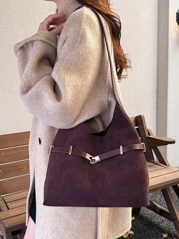 Vintage Suede Tote Bag For Women Large Capacity Shoulder Bag With Belt Decoration Retro Underarm Bag Casual Commuter Handbag