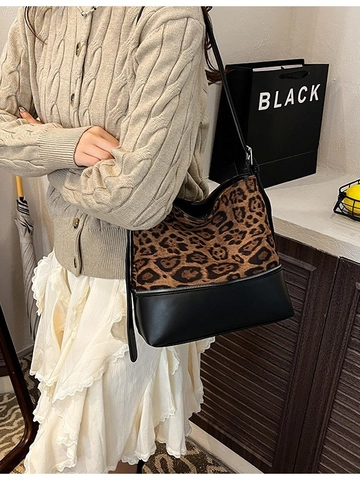 Bolso Bombonera Retro de Gamuza para Mujer Estampado de Leopardo Correa Ajustable Color en Contraste Bolso de Hombro de Moda
