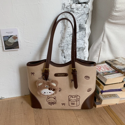 Borsa Tote in PU da Donna Grande Capacità Stampa Gatto Design Patchwork Borsa a Tracolla Con Ciondolo in Peluche Casual
