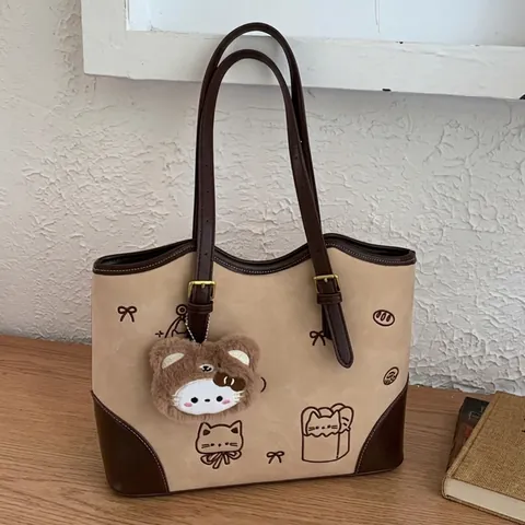 Borsa Tote in PU da Donna Grande Capacità Stampa Gatto Design Patchwork Borsa a Tracolla Con Ciondolo in Peluche Casual