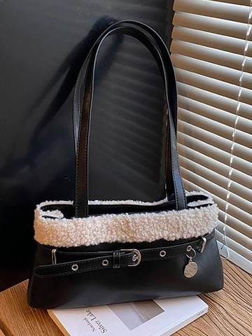 Borsa Sottobraccio Donna Retrò Grande Capacità in Pelle PU Con Finiture in Pile Peluche Borsa a Tracolla Moda Autunno Inverno