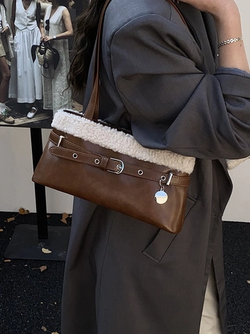 Borsa Sottobraccio Donna Retrò Grande Capacità in Pelle PU Con Finiture in Pile Peluche Borsa a Tracolla Moda Autunno Inverno