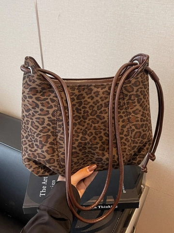 Vintage Leopardenmuster PU Leder Umhängetasche Damen Kleine Beuteltasche Schultertasche Mit Kordelzug Mode Pendler Tote Bag