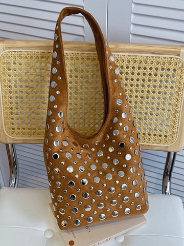 Borsa a Spalla Secchiello Vintage in Similpelle Scamosciata con Borchie Argentate Borsa Hobo Grande Capacità Stile Punk Donna