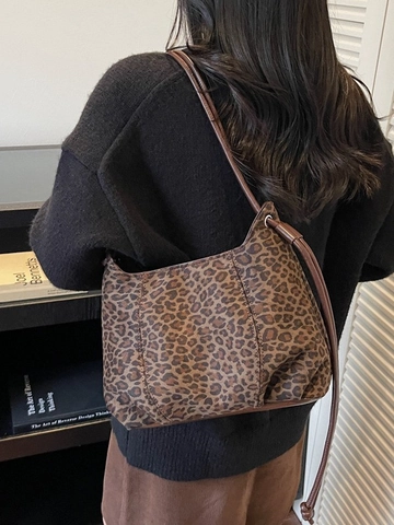 Vintage Leopardenmuster PU Leder Umhängetasche Damen Kleine Beuteltasche Schultertasche Mit Kordelzug Mode Pendler Tote Bag