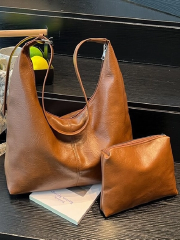Bolso Tote de Cuero PU Vintage para Mujer de Gran Capacidad Y Estuche Pequeño Bolso de Hombro Hobo Minimalista para Diario