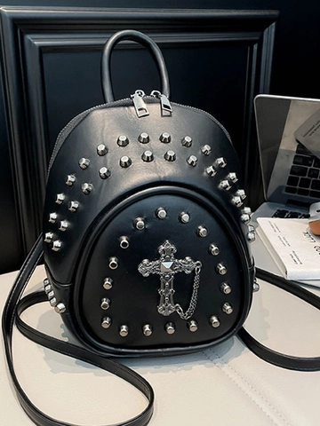 Women Mini Rivet Backpack Gothic Punk PU Leather Travel Schoolbag With Metal Cross Decoration Chain Casual Street Trend Bag