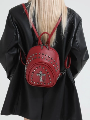 Women Mini Rivet Backpack Gothic Punk PU Leather Travel Schoolbag With Metal Cross Decoration Chain Casual Street Trend Bag