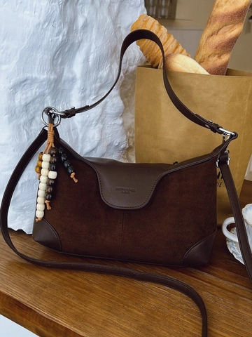 Women French Vintage PU Suede Patchwork Baguette Bag Contrast Color Underarm Shoulder Bag With Wooden Bead Pendant