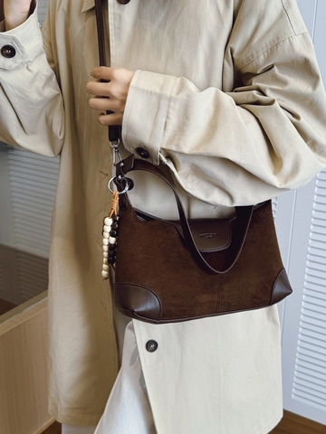 Women French Vintage PU Suede Patchwork Baguette Bag Contrast Color Underarm Shoulder Bag With Wooden Bead Pendant