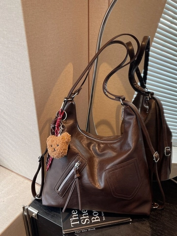Bolso Hobo de Cuero PU Retro para Mujer Gran Capacidad Vintage Costura Tote Con Colgante de Oso Casual Moda Bolso de Hombro