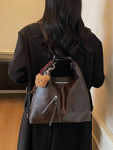 Bolso Hobo de Cuero PU Retro para Mujer Gran Capacidad Vintage Costura Tote Con Colgante de Oso Casual Moda Bolso de Hombro