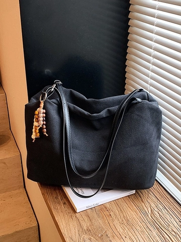 Borsa Tote in Pelle PU Slouchy per Donna Vintage Borsa a Tracolla Plissettata Con Nappa in Perline di Legno Grande Capacità