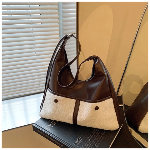 Winter Mode PU Leer Pluche Patchwork Schoudertas Grote Capaciteit Hobo Crossbody Tas Voor Vrouwen Veelzijdige Dagelijkse Tote Bag