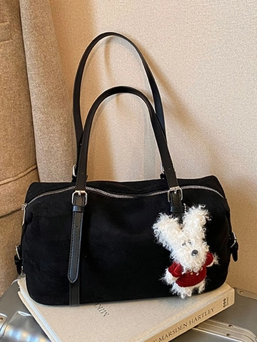 Borsa a Tracolla da Donna in Pelle PU Vintage Borsa Tote di Grande Capacità Casual Pendolare Sottobraccio Con Ciondolo in Peluche
