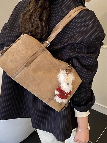 Borsa a Tracolla da Donna in Pelle PU Vintage Borsa Tote di Grande Capacità Casual Pendolare Sottobraccio Con Ciondolo in Peluche