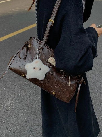 Sac Fourre-tout en Cuir PU Rétro pour Femmes Mode Chat en Relief Sac sous le bras Grande Capacité Bandoulière avec Pendentif Étoile