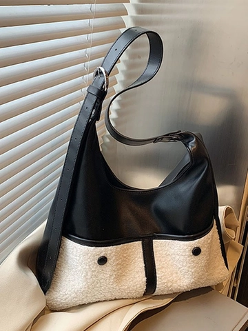Sac Fourre-Tout Rétro à Grande Capacité pour Femmes Automne Hiver Peluche Cuir PU Couleur Contrastée Sac à Épaule Navette