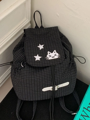 Koreanischer Stil Kordelzug Karo Rucksack Damen Große Kapazität Leicht Nylon Katze Stern Stickerei Student Reise Tasche